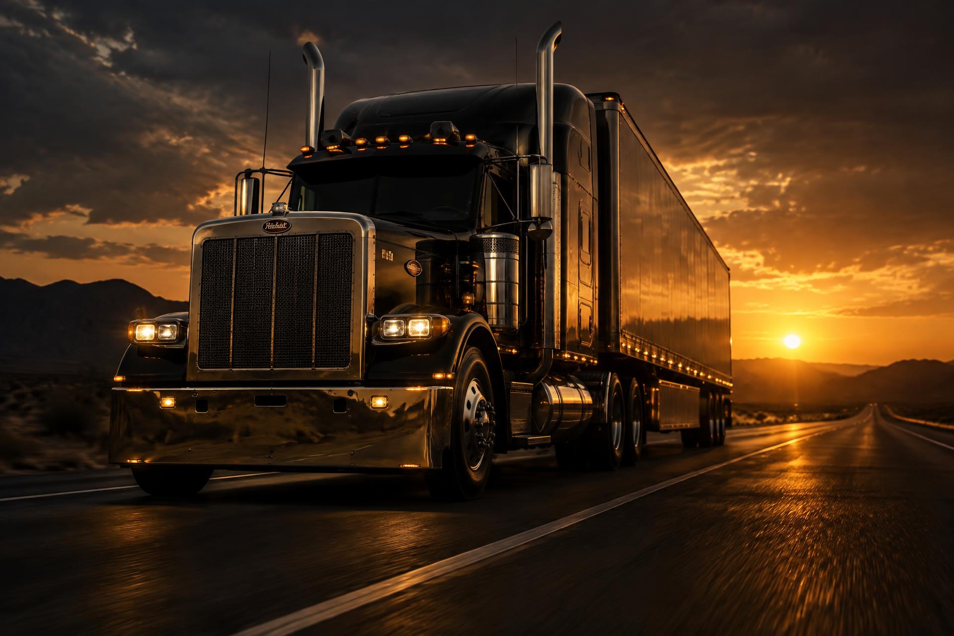 Semi-truck on an open American highway at dusk
